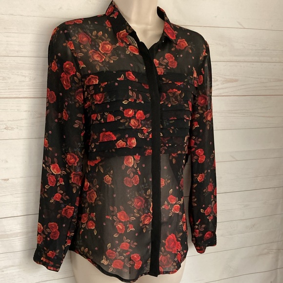 The Kooples Size XXS Romantic Floral Print Black Sheer button front Blouse - Picture 2 of 9